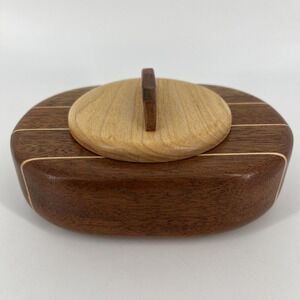 Vintage Handcrafted Wood Oval Inlay Trinket Box With Lid Sign by Artist